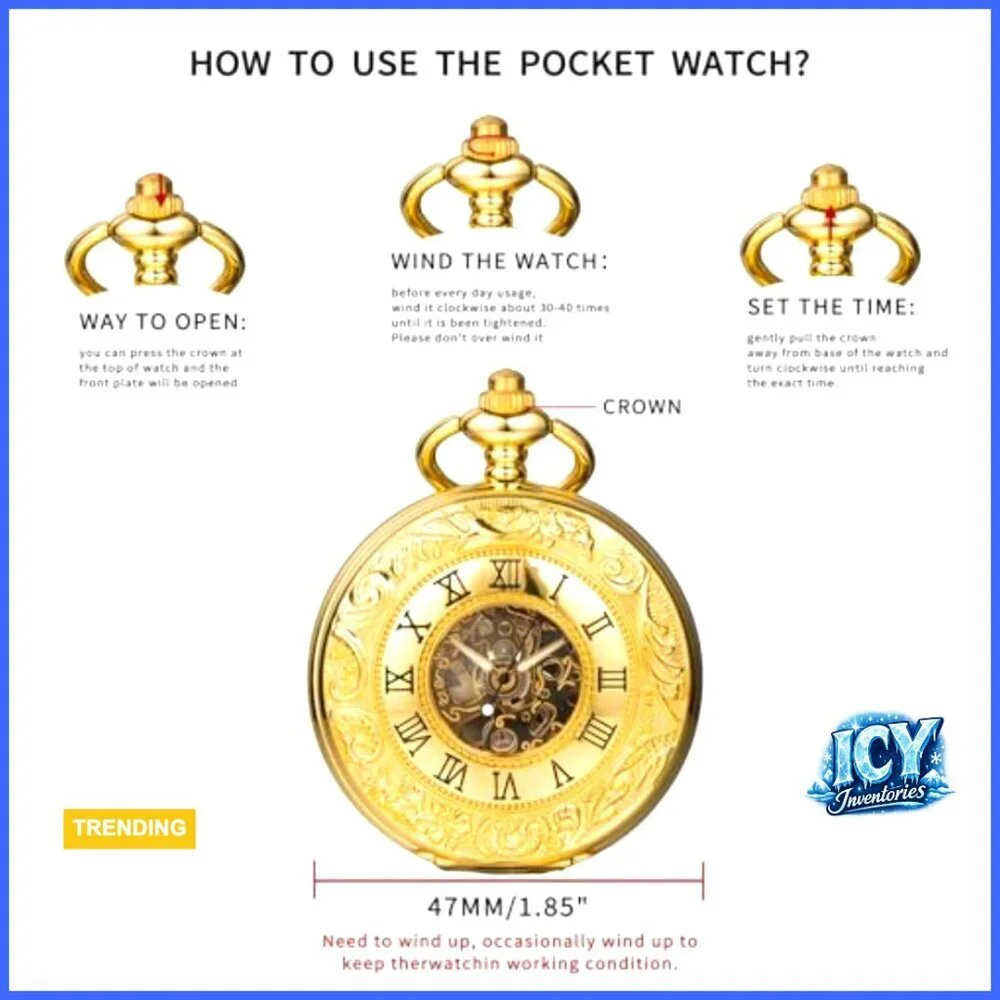 Skeleton Mechanical Pocket Watch Roman Numerals Dial with Chain